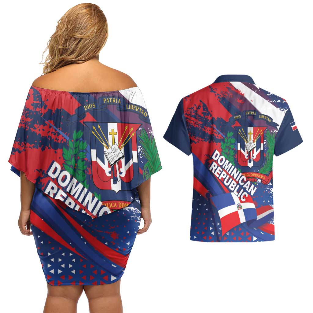 Dominican Republic Independence Day Couples Matching Off Shoulder Short Dress and Hawaiian Shirt 27th February Coat Of Arms Grunge Texture