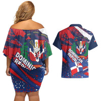 Dominican Republic Independence Day Couples Matching Off Shoulder Short Dress and Hawaiian Shirt 27th February Coat Of Arms Grunge Texture