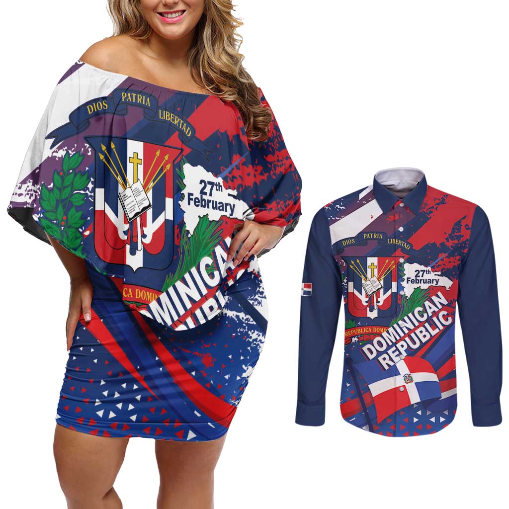 Dominican Republic Independence Day Couples Matching Off Shoulder Short Dress and Long Sleeve Button Shirt 27th February Coat Of Arms Grunge Texture
