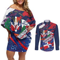 Dominican Republic Independence Day Couples Matching Off Shoulder Short Dress and Long Sleeve Button Shirt 27th February Coat Of Arms Grunge Texture
