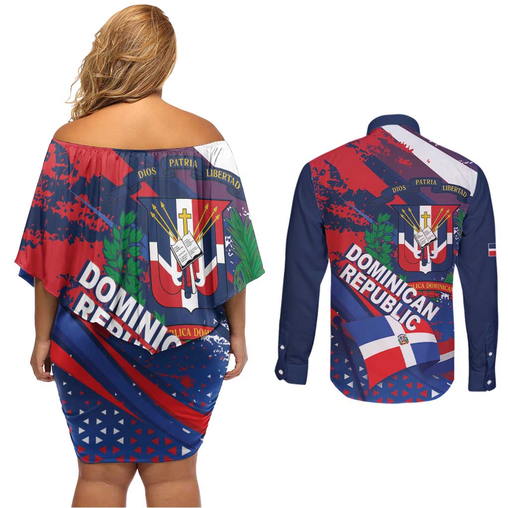 Dominican Republic Independence Day Couples Matching Off Shoulder Short Dress and Long Sleeve Button Shirt 27th February Coat Of Arms Grunge Texture