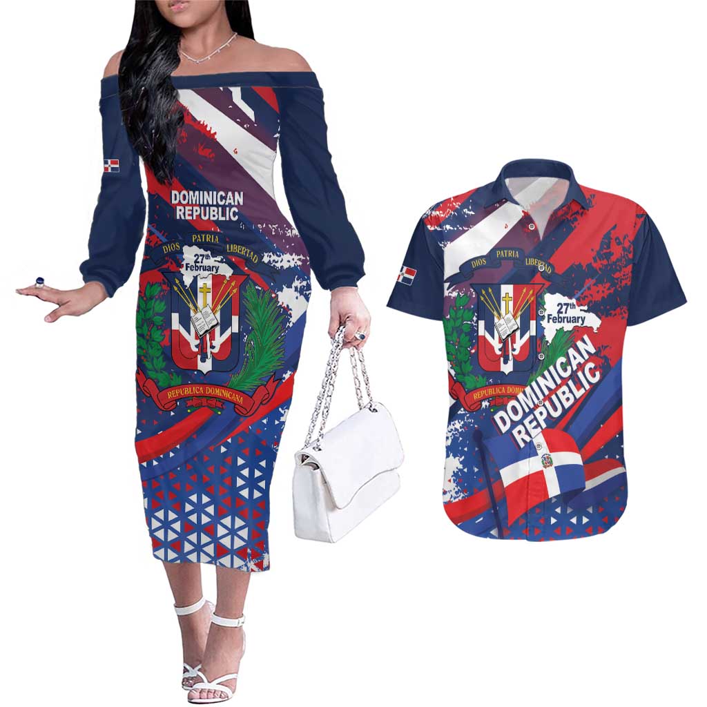 Dominican Republic Independence Day Couples Matching Off The Shoulder Long Sleeve Dress and Hawaiian Shirt 27th February Coat Of Arms Grunge Texture