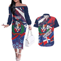 Dominican Republic Independence Day Couples Matching Off The Shoulder Long Sleeve Dress and Hawaiian Shirt 27th February Coat Of Arms Grunge Texture