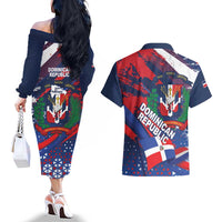 Dominican Republic Independence Day Couples Matching Off The Shoulder Long Sleeve Dress and Hawaiian Shirt 27th February Coat Of Arms Grunge Texture