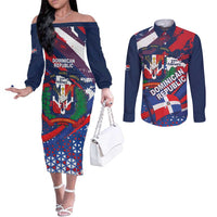 Dominican Republic Independence Day Couples Matching Off The Shoulder Long Sleeve Dress and Long Sleeve Button Shirt 27th February Coat Of Arms Grunge Texture