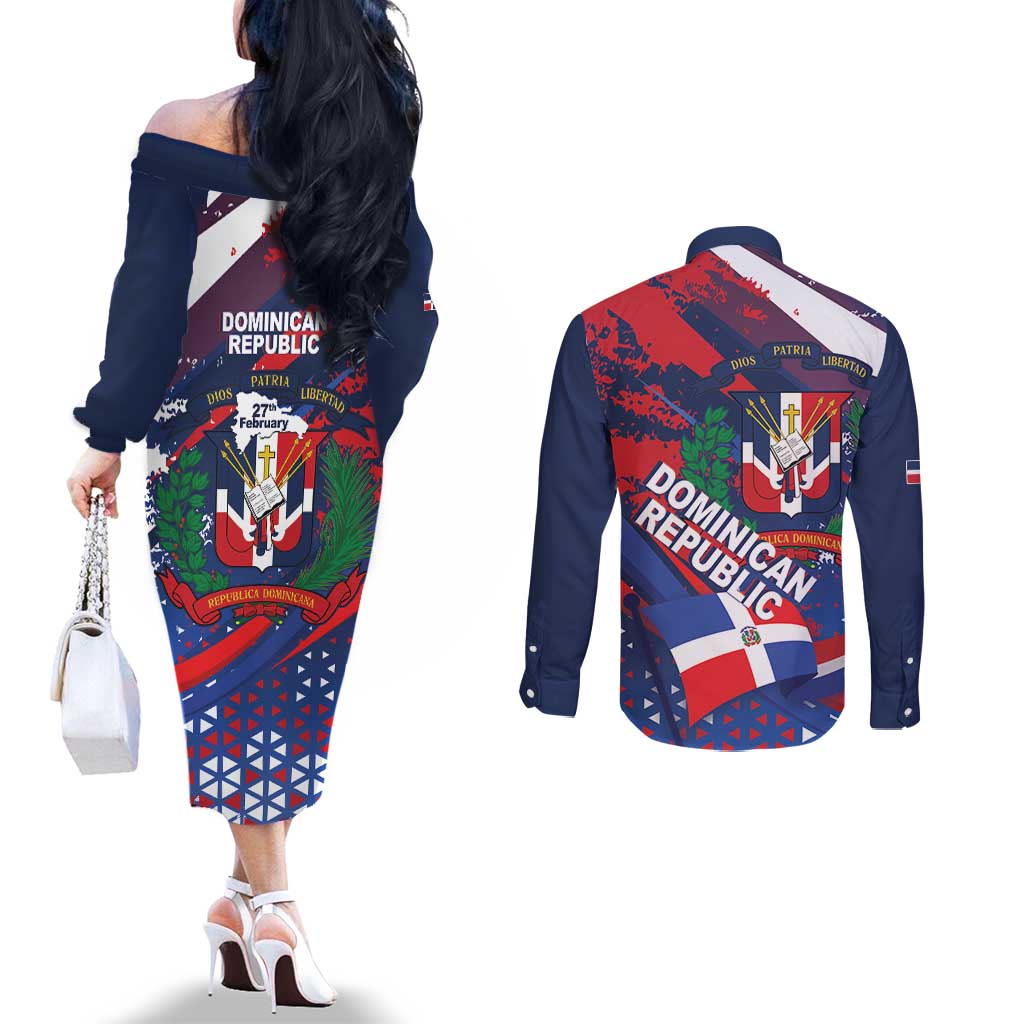 Dominican Republic Independence Day Couples Matching Off The Shoulder Long Sleeve Dress and Long Sleeve Button Shirt 27th February Coat Of Arms Grunge Texture