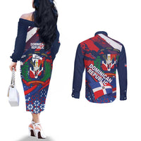 Dominican Republic Independence Day Couples Matching Off The Shoulder Long Sleeve Dress and Long Sleeve Button Shirt 27th February Coat Of Arms Grunge Texture