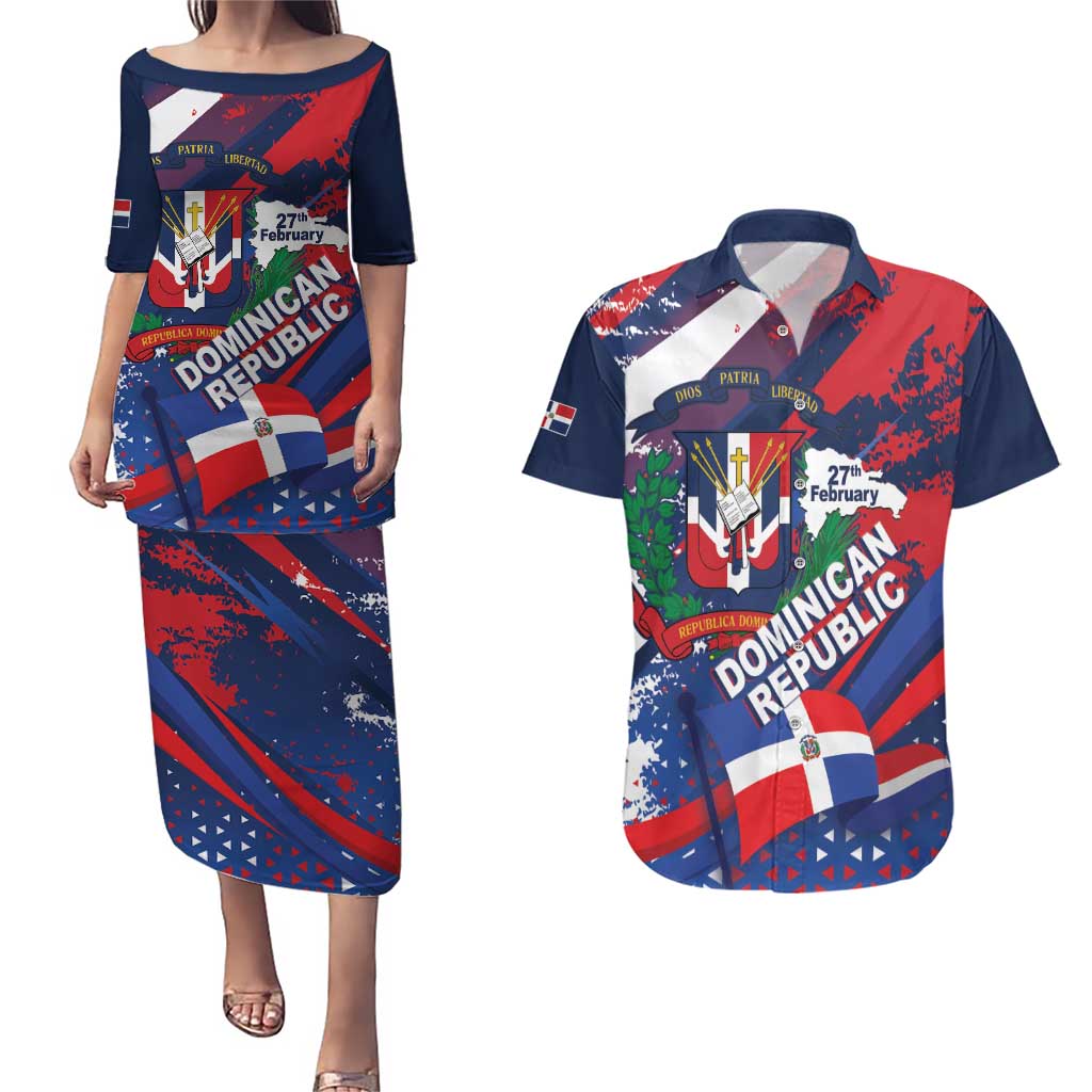 Dominican Republic Independence Day Couples Matching Puletasi and Hawaiian Shirt 27th February Coat Of Arms Grunge Texture