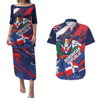 Dominican Republic Independence Day Couples Matching Puletasi and Hawaiian Shirt 27th February Coat Of Arms Grunge Texture