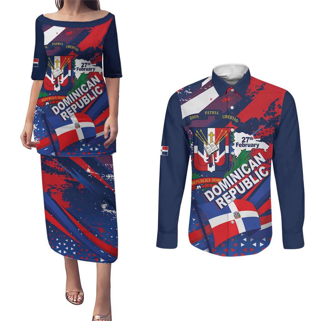 Dominican Republic Independence Day Couples Matching Puletasi and Long Sleeve Button Shirt 27th February Coat Of Arms Grunge Texture
