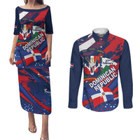 Dominican Republic Independence Day Couples Matching Puletasi and Long Sleeve Button Shirt 27th February Coat Of Arms Grunge Texture
