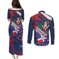 Dominican Republic Independence Day Couples Matching Puletasi and Long Sleeve Button Shirt 27th February Coat Of Arms Grunge Texture