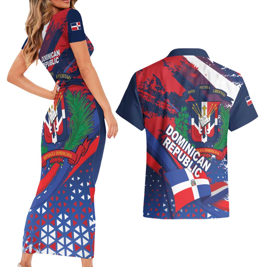 Dominican Republic Independence Day Couples Matching Short Sleeve Bodycon Dress and Hawaiian Shirt 27th February Coat Of Arms Grunge Texture