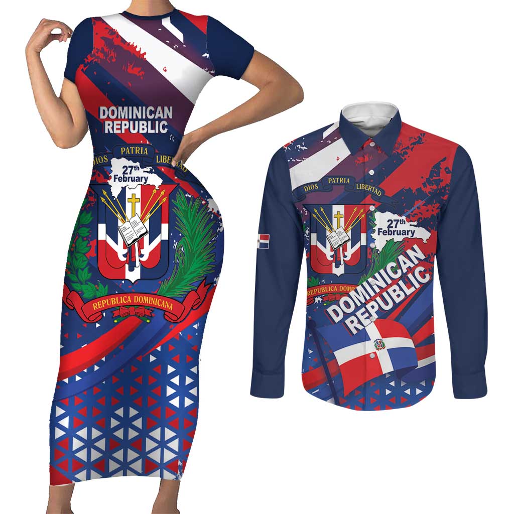 Dominican Republic Independence Day Couples Matching Short Sleeve Bodycon Dress and Long Sleeve Button Shirt 27th February Coat Of Arms Grunge Texture