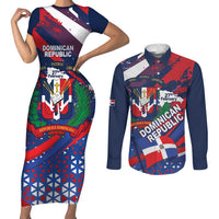 Dominican Republic Independence Day Couples Matching Short Sleeve Bodycon Dress and Long Sleeve Button Shirt 27th February Coat Of Arms Grunge Texture