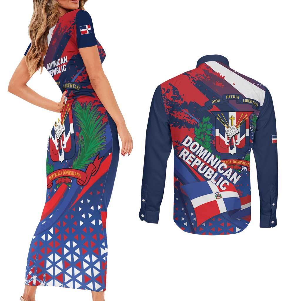 Dominican Republic Independence Day Couples Matching Short Sleeve Bodycon Dress and Long Sleeve Button Shirt 27th February Coat Of Arms Grunge Texture