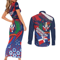 Dominican Republic Independence Day Couples Matching Short Sleeve Bodycon Dress and Long Sleeve Button Shirt 27th February Coat Of Arms Grunge Texture