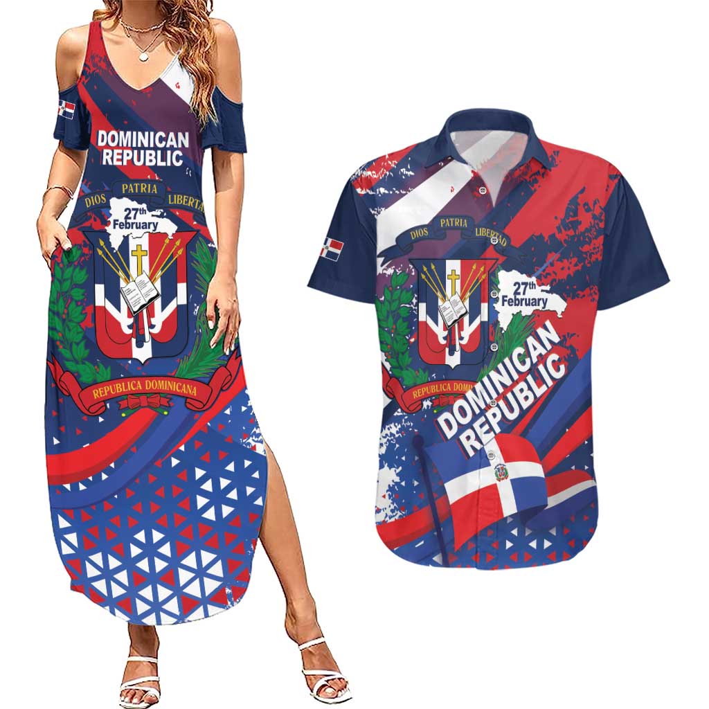 Dominican Republic Independence Day Couples Matching Summer Maxi Dress and Hawaiian Shirt 27th February Coat Of Arms Grunge Texture