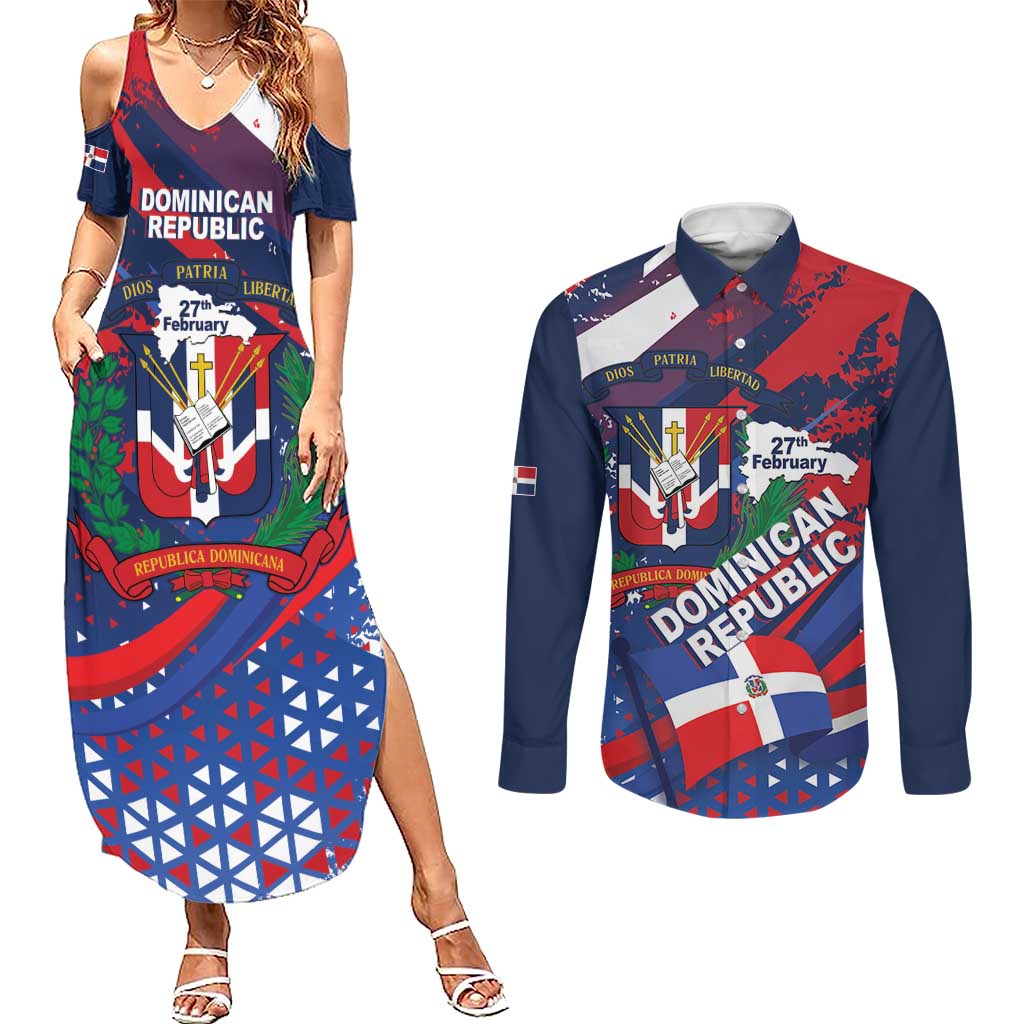 Dominican Republic Independence Day Couples Matching Summer Maxi Dress and Long Sleeve Button Shirt 27th February Coat Of Arms Grunge Texture