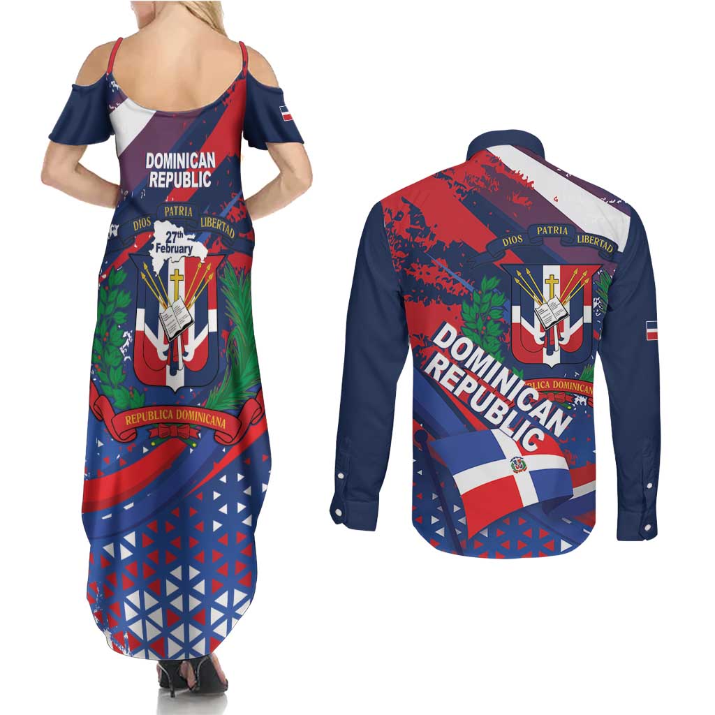 Dominican Republic Independence Day Couples Matching Summer Maxi Dress and Long Sleeve Button Shirt 27th February Coat Of Arms Grunge Texture