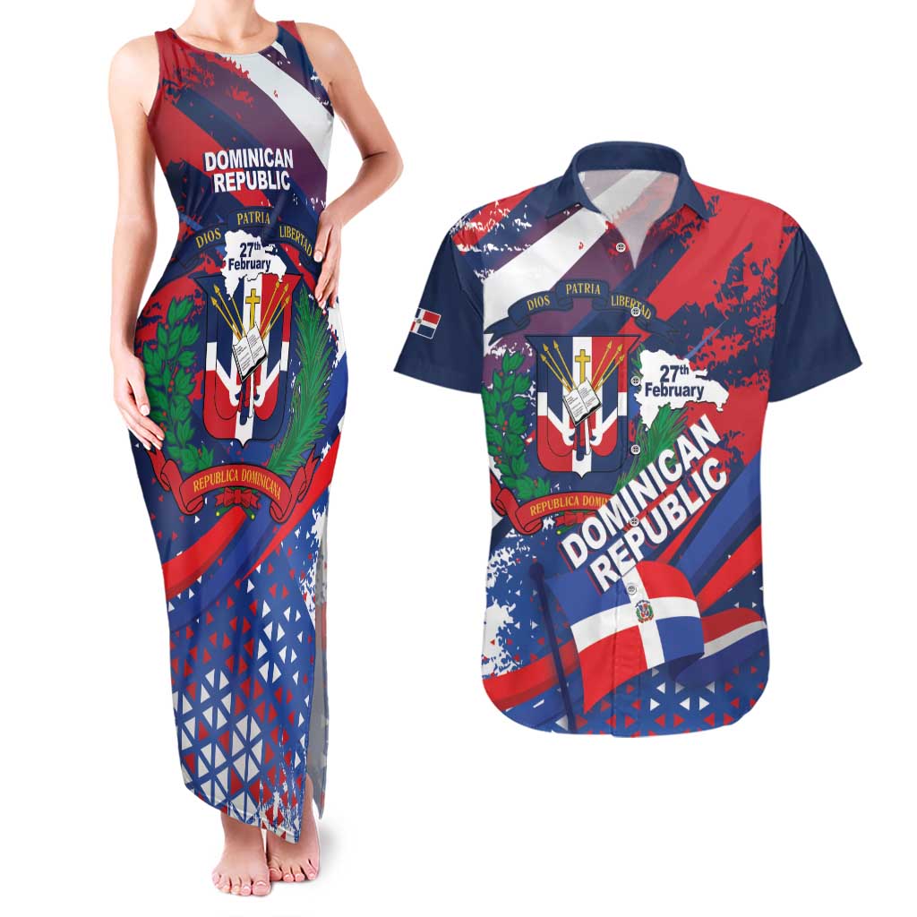 Dominican Republic Independence Day Couples Matching Tank Maxi Dress and Hawaiian Shirt 27th February Coat Of Arms Grunge Texture