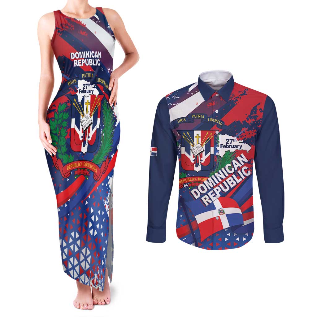 Dominican Republic Independence Day Couples Matching Tank Maxi Dress and Long Sleeve Button Shirt 27th February Coat Of Arms Grunge Texture