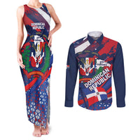 Dominican Republic Independence Day Couples Matching Tank Maxi Dress and Long Sleeve Button Shirt 27th February Coat Of Arms Grunge Texture