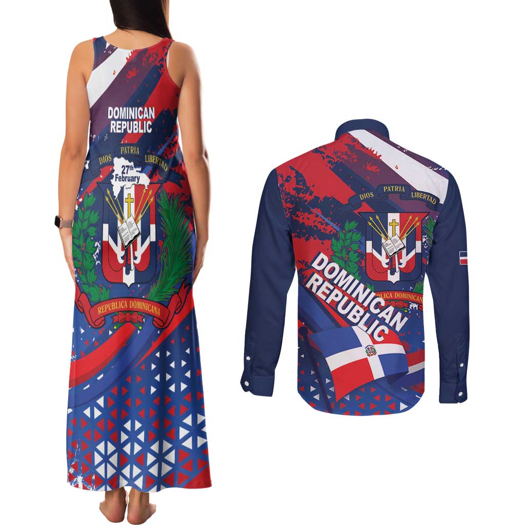 Dominican Republic Independence Day Couples Matching Tank Maxi Dress and Long Sleeve Button Shirt 27th February Coat Of Arms Grunge Texture