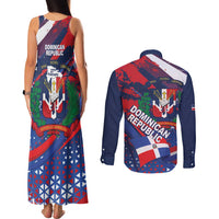 Dominican Republic Independence Day Couples Matching Tank Maxi Dress and Long Sleeve Button Shirt 27th February Coat Of Arms Grunge Texture