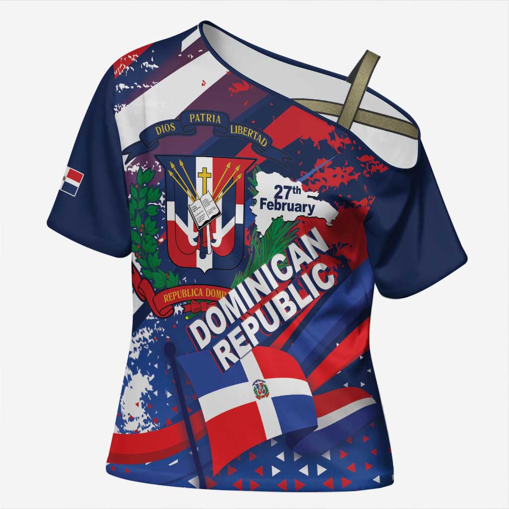Dominican Republic Independence Day Cross Shoulder Shirt 27th February Coat Of Arms Grunge Texture