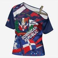 Dominican Republic Independence Day Cross Shoulder Shirt 27th February Coat Of Arms Grunge Texture