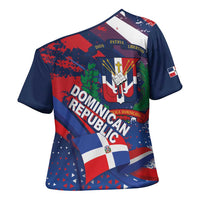 Dominican Republic Independence Day Cross Shoulder Shirt 27th February Coat Of Arms Grunge Texture