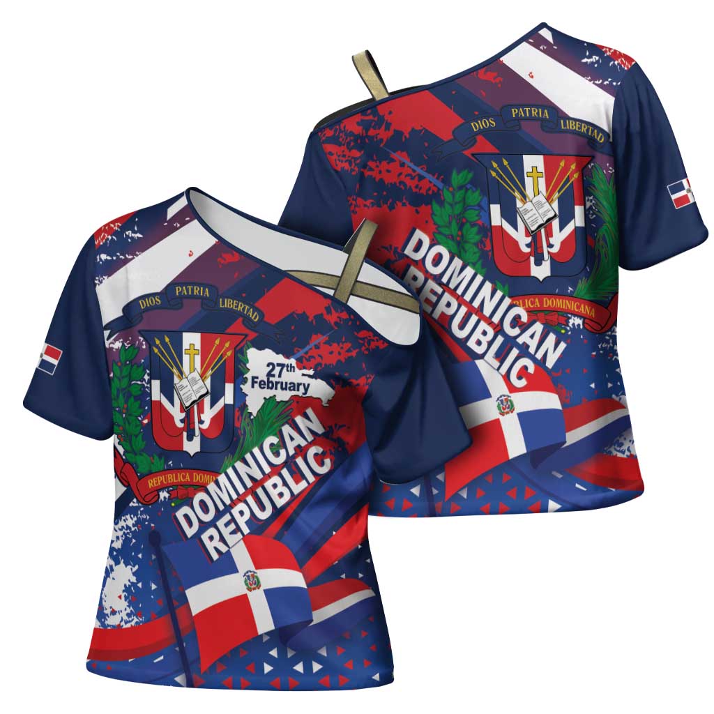 Dominican Republic Independence Day Cross Shoulder Shirt 27th February Coat Of Arms Grunge Texture