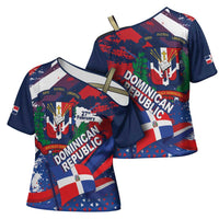 Dominican Republic Independence Day Cross Shoulder Shirt 27th February Coat Of Arms Grunge Texture