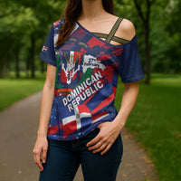 Dominican Republic Independence Day Cross Shoulder Shirt 27th February Coat Of Arms Grunge Texture