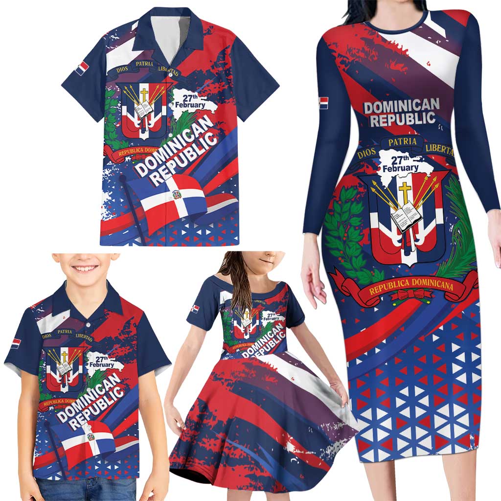 Dominican Republic Independence Day Family Matching Long Sleeve Bodycon Dress and Hawaiian Shirt 27th February Coat Of Arms Grunge Texture
