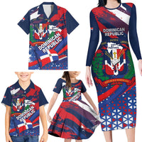 Dominican Republic Independence Day Family Matching Long Sleeve Bodycon Dress and Hawaiian Shirt 27th February Coat Of Arms Grunge Texture