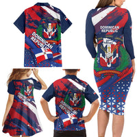 Dominican Republic Independence Day Family Matching Long Sleeve Bodycon Dress and Hawaiian Shirt 27th February Coat Of Arms Grunge Texture