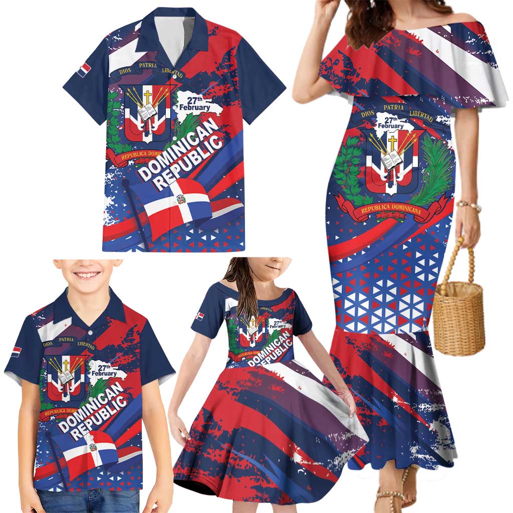 Dominican Republic Independence Day Family Matching Mermaid Dress and Hawaiian Shirt 27th February Coat Of Arms Grunge Texture