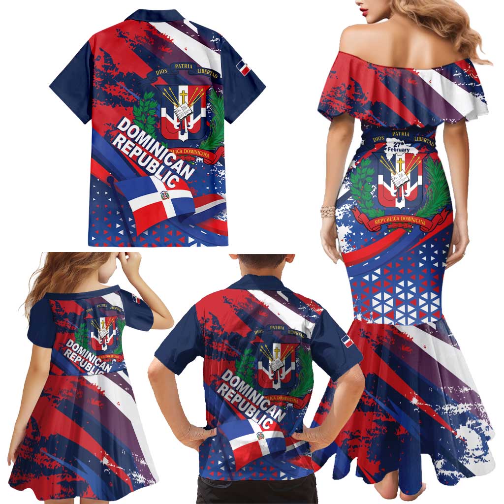 Dominican Republic Independence Day Family Matching Mermaid Dress and Hawaiian Shirt 27th February Coat Of Arms Grunge Texture