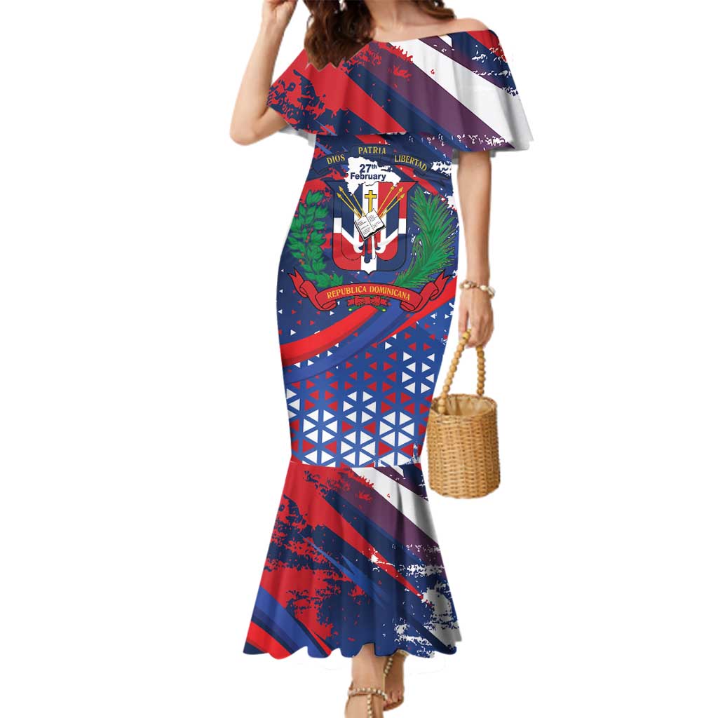 Dominican Republic Independence Day Family Matching Mermaid Dress and Hawaiian Shirt 27th February Coat Of Arms Grunge Texture