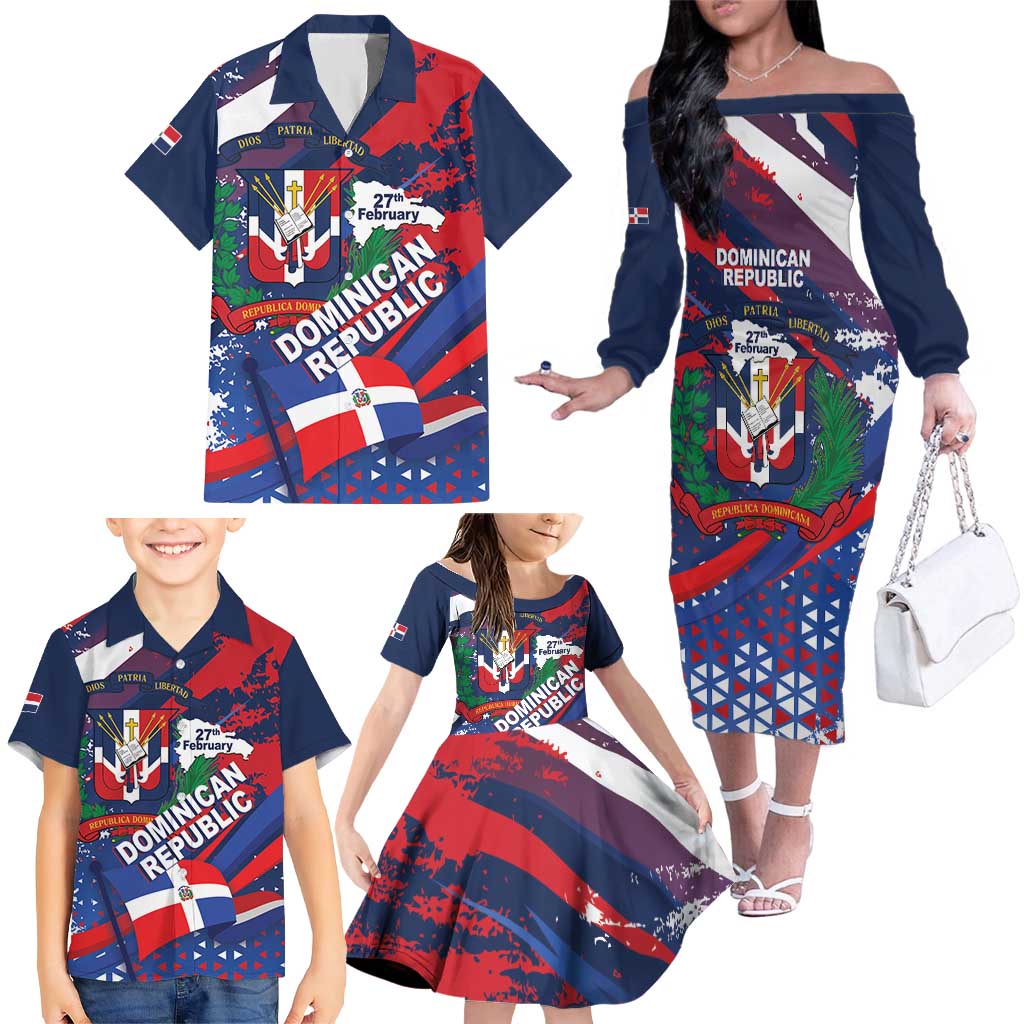 Dominican Republic Independence Day Family Matching Off The Shoulder Long Sleeve Dress and Hawaiian Shirt 27th February Coat Of Arms Grunge Texture