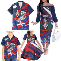 Dominican Republic Independence Day Family Matching Off The Shoulder Long Sleeve Dress and Hawaiian Shirt 27th February Coat Of Arms Grunge Texture
