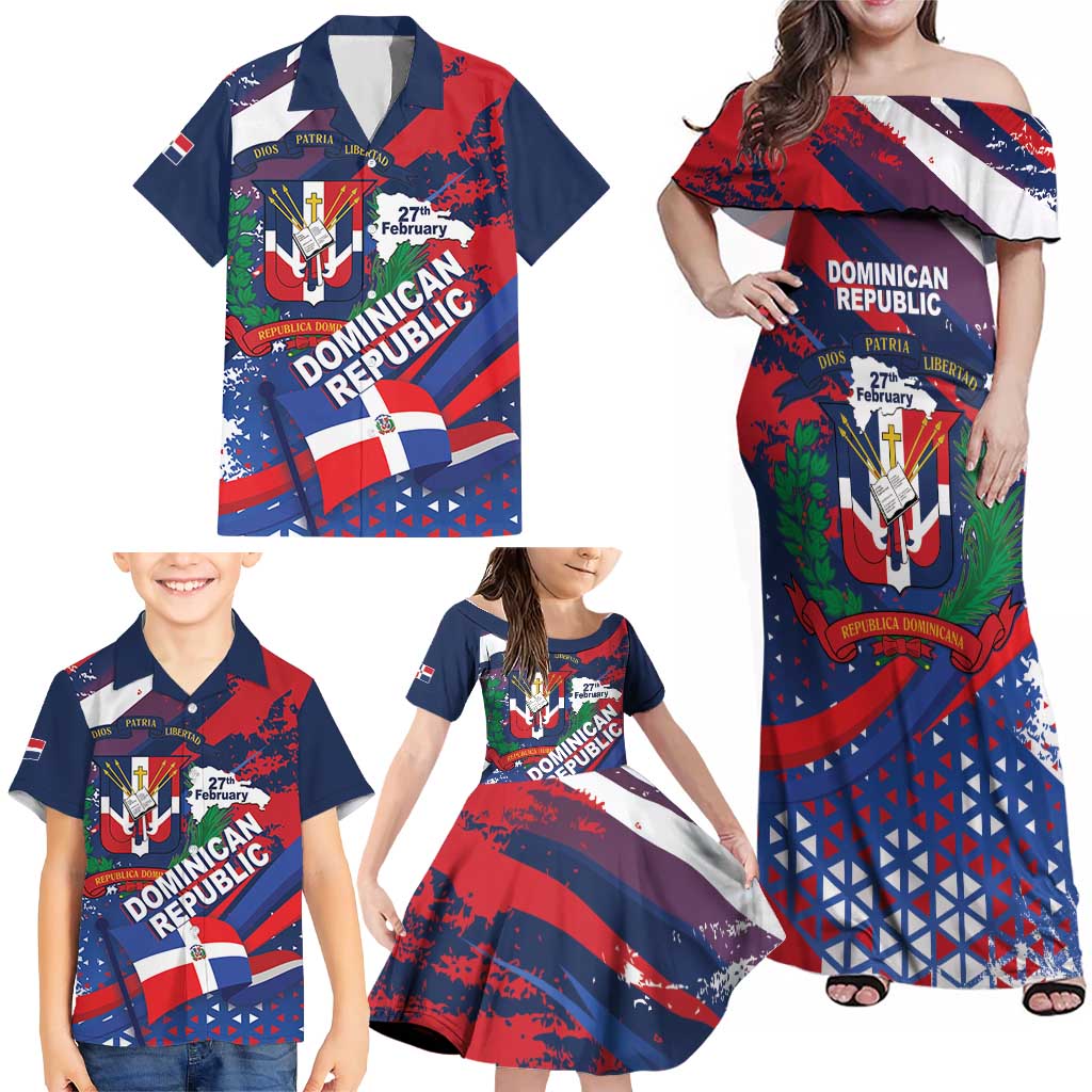 Dominican Republic Independence Day Family Matching Off Shoulder Maxi Dress and Hawaiian Shirt 27th February Coat Of Arms Grunge Texture