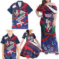 Dominican Republic Independence Day Family Matching Off Shoulder Maxi Dress and Hawaiian Shirt 27th February Coat Of Arms Grunge Texture