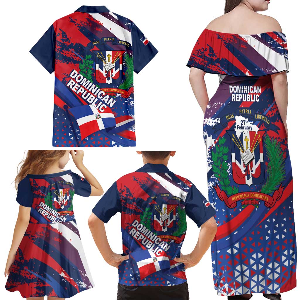 Dominican Republic Independence Day Family Matching Off Shoulder Maxi Dress and Hawaiian Shirt 27th February Coat Of Arms Grunge Texture