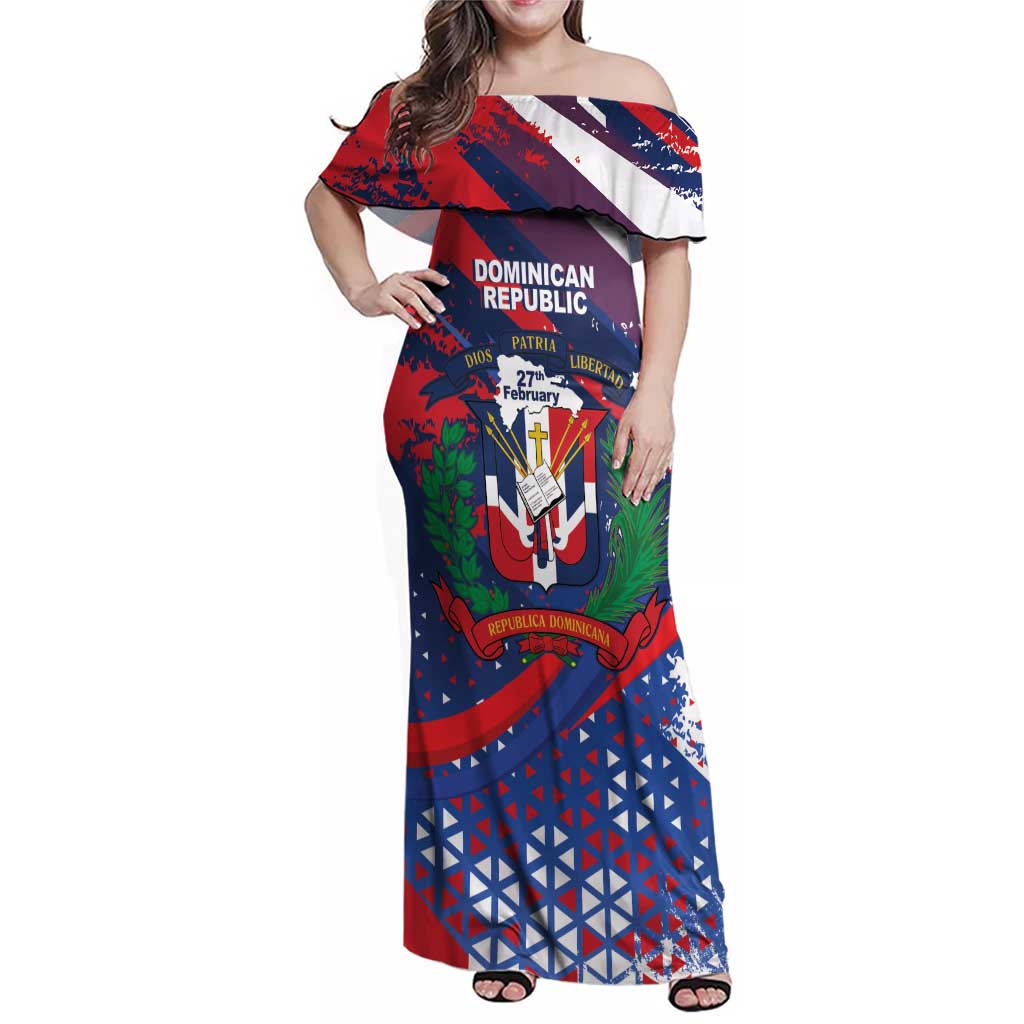 Dominican Republic Independence Day Family Matching Off Shoulder Maxi Dress and Hawaiian Shirt 27th February Coat Of Arms Grunge Texture