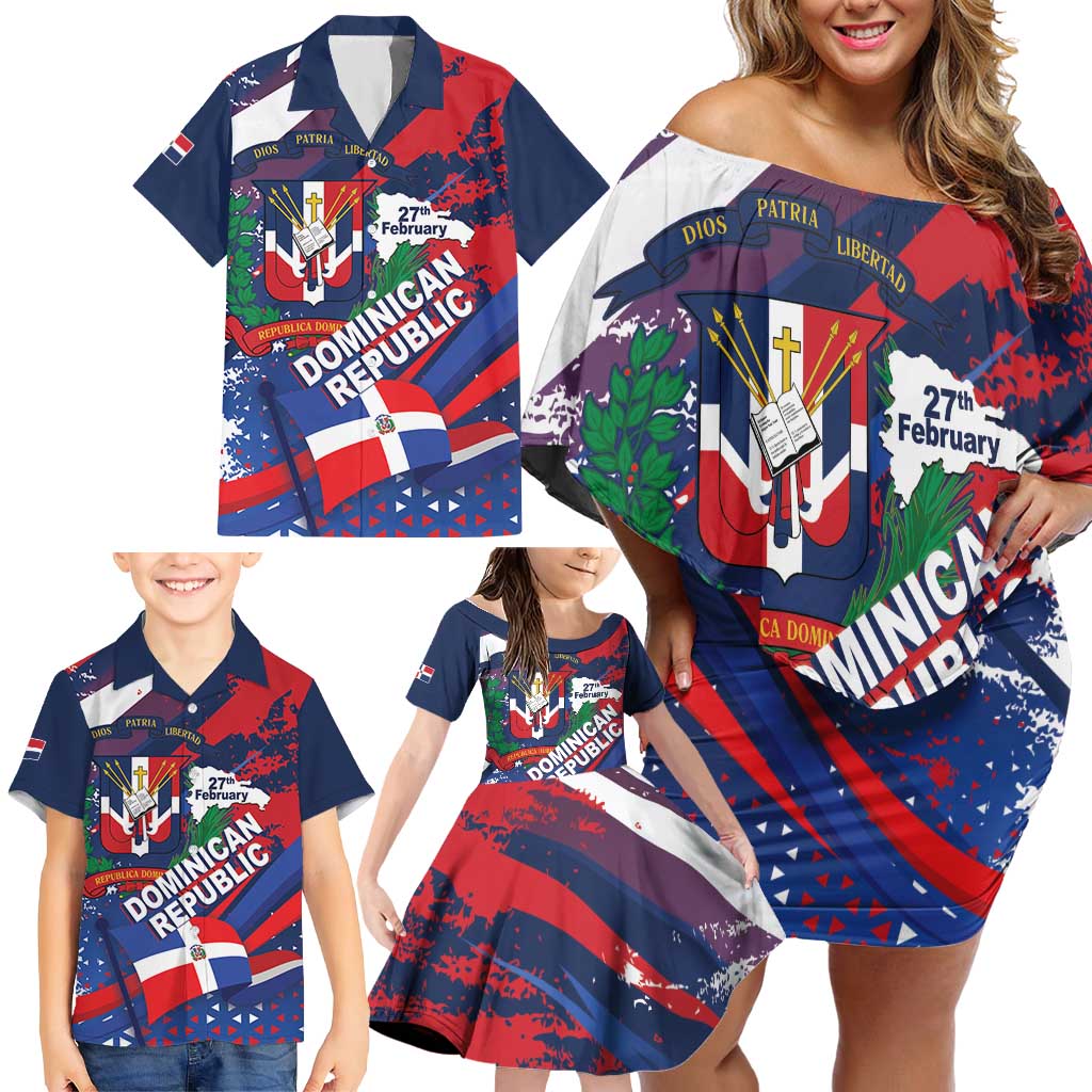 Dominican Republic Independence Day Family Matching Off Shoulder Short Dress and Hawaiian Shirt 27th February Coat Of Arms Grunge Texture