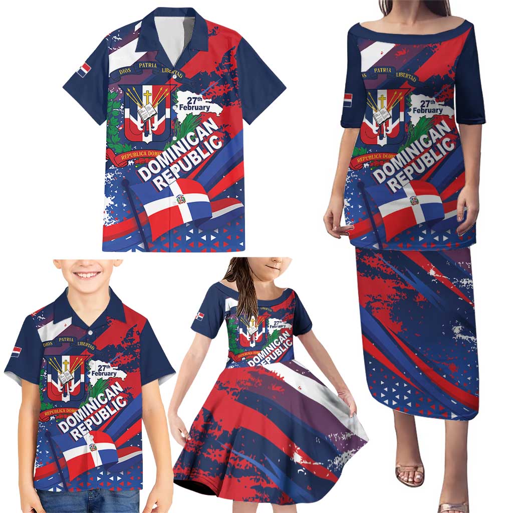 Dominican Republic Independence Day Family Matching Puletasi and Hawaiian Shirt 27th February Coat Of Arms Grunge Texture