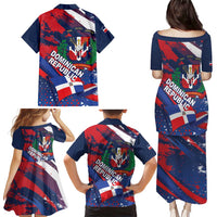 Dominican Republic Independence Day Family Matching Puletasi and Hawaiian Shirt 27th February Coat Of Arms Grunge Texture